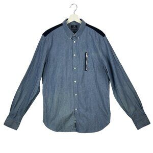 Faconnable Shirt Mens‎ L Chambray Contempory Blue Corduroy Yoke Roll Tab Sleeve